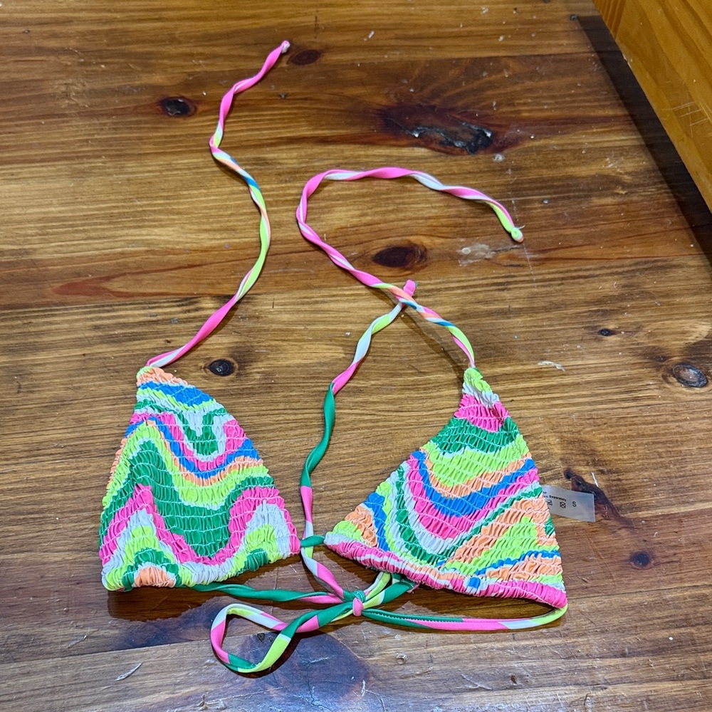 SHEIN Multicolor Neon Smocked Triangle Bikini Top